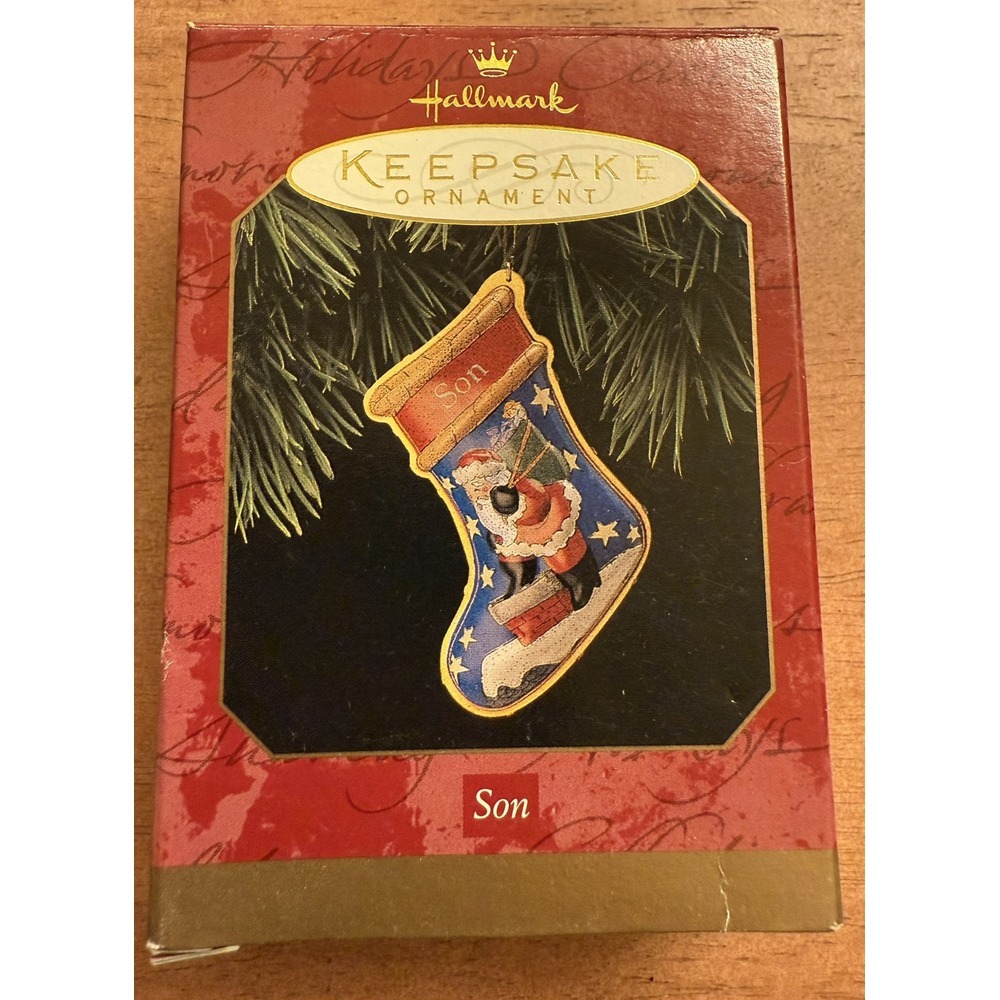 VTG Hallmark Keepsake Ornament 1997 SON Pressed Tin Christmas Stocking Santa‎